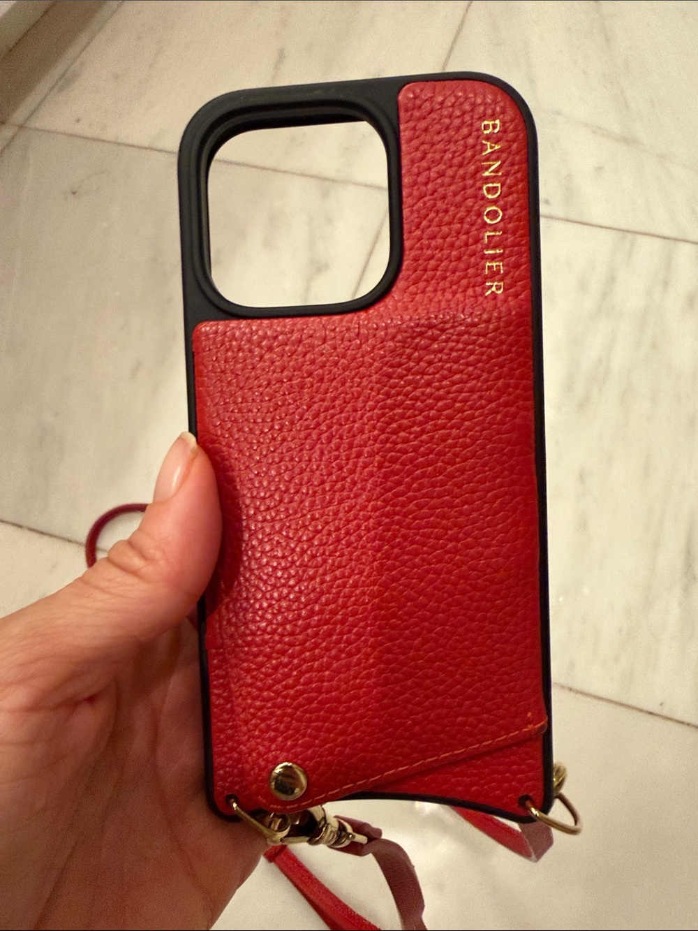 Bandolier Black Leather Phone Case with Red Adjustable Strap iPhone 16 Pro - Picture 3 of 4